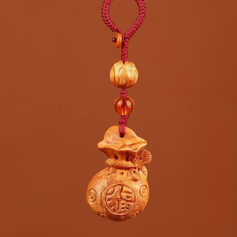Buddha Stones Peach Wood Fu Character Lotus Lucky Pouch Wealth Charm Keychains - Lotus Red Rope - image 9