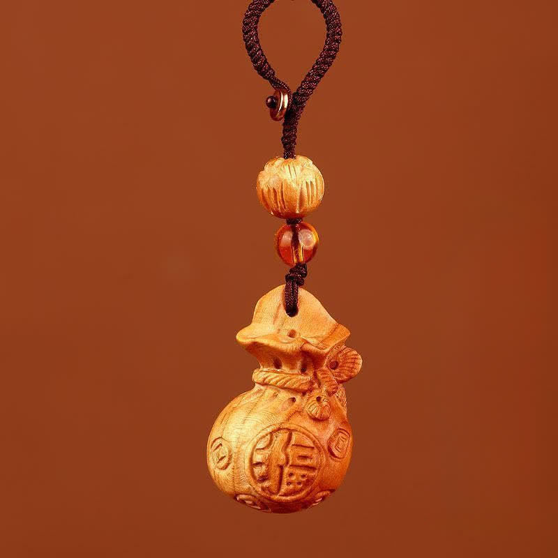 Buddha Stones Peach Wood Fu Character Lotus Lucky Pouch Wealth Charm Keychains - Lotus Brown Rope - image 8