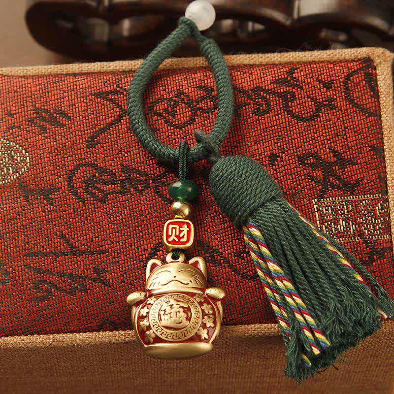 Buddha Stones Brass Hand-Woven Red String Fu Character Blessing Tassel Keychains - Lucky Cat Green Tassel - image 2