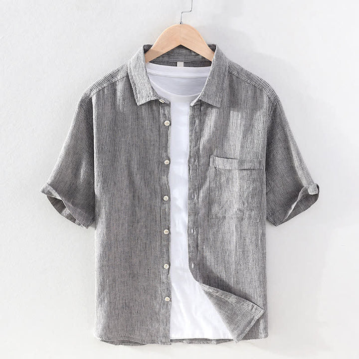 Buddha Stones Summer Casual Solid Striped Linen Men's Short Sleeve Shirts With Patch Pocket - LightGray - US/UK/AU42，EU52 (3XL) - image 7