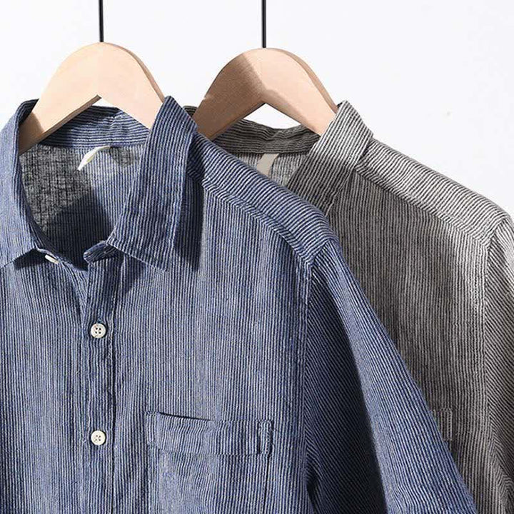Buddha Stones Summer Casual Solid Striped Linen Men's Short Sleeve Shirts With Patch Pocket - image 21