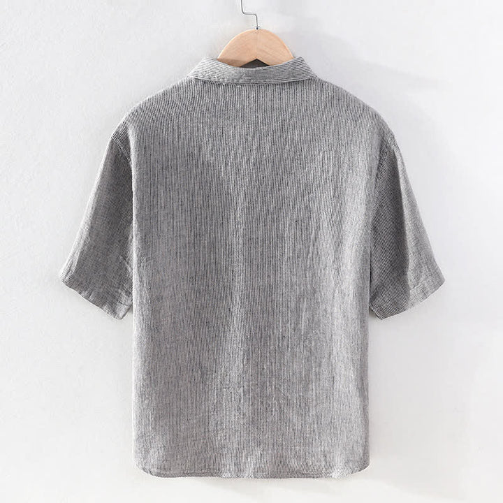 Buddha Stones Summer Casual Solid Striped Linen Men's Short Sleeve Shirts With Patch Pocket - image 8