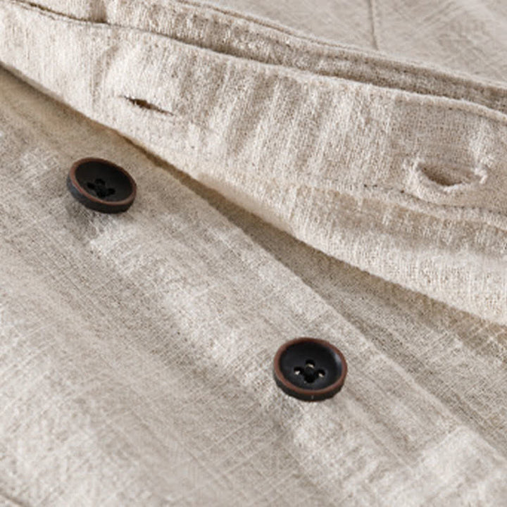 Buddha Stones Spring Casual Mandarin Collar Solid Ramie Men's Long Sleeve Shirts With Pocket - image 5
