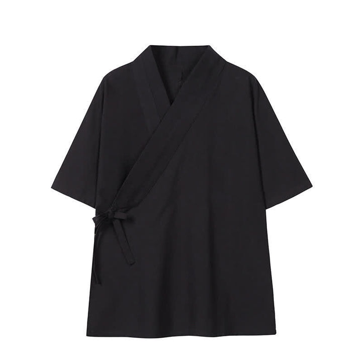 Buddha Stones Spring Summer Minimalist Drawstring Solid Cotton Linen Men's Kimono - Black - US/UK/AU46，EU56 (5XL) - image 10