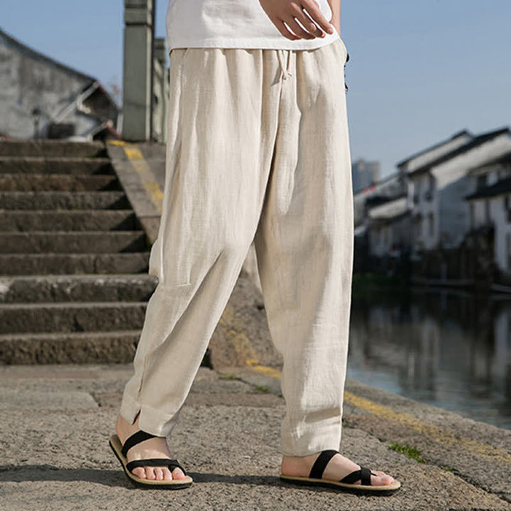 Buddha Stones Spring Summer Casual Minimalist Drawstring Solid Ramie Ankle Pants Men's Harem Pants With Pocket - image 1