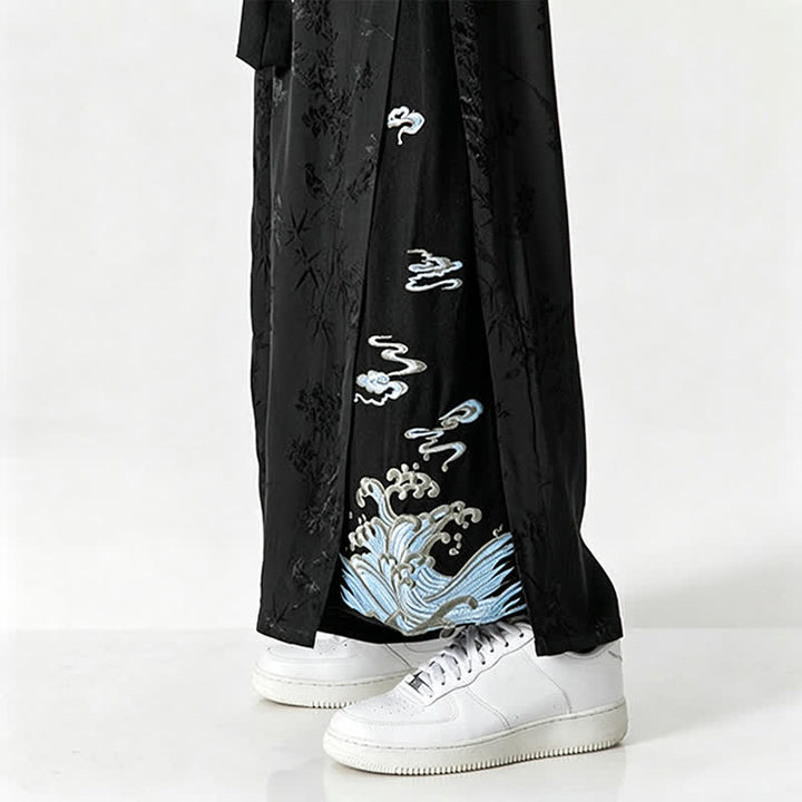 Buddha Stones Spring Summer Tang Style Drawstring Embroidery Abstract Cropped Pants Men's Wide Leg Pants With Pocket - image 11