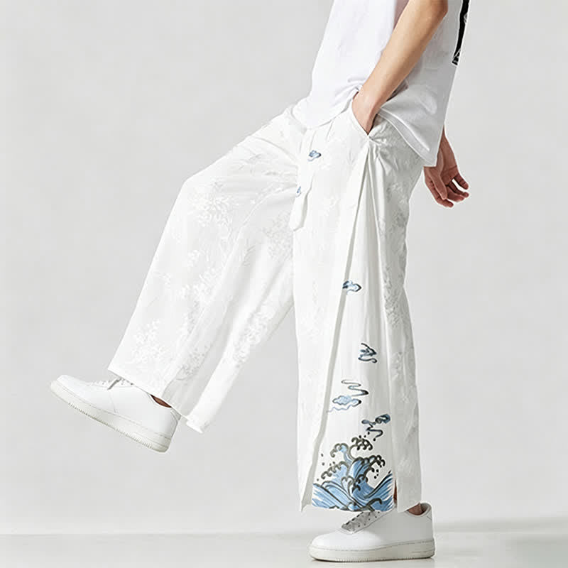 Buddha Stones Spring Summer Tang Style Drawstring Embroidery Abstract Cropped Pants Men's Wide Leg Pants With Pocket - image 20