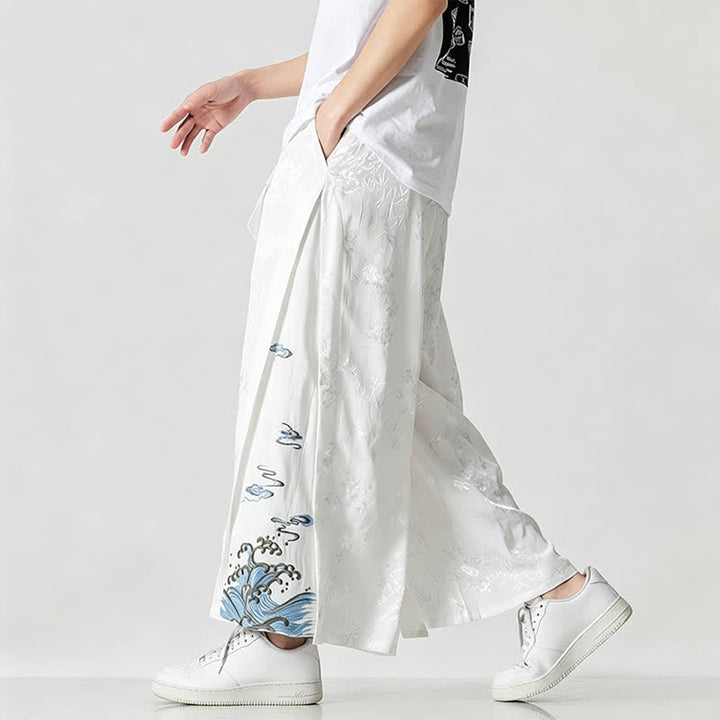 Buddha Stones Spring Summer Tang Style Drawstring Embroidery Abstract Cropped Pants Men's Wide Leg Pants With Pocket - image 17