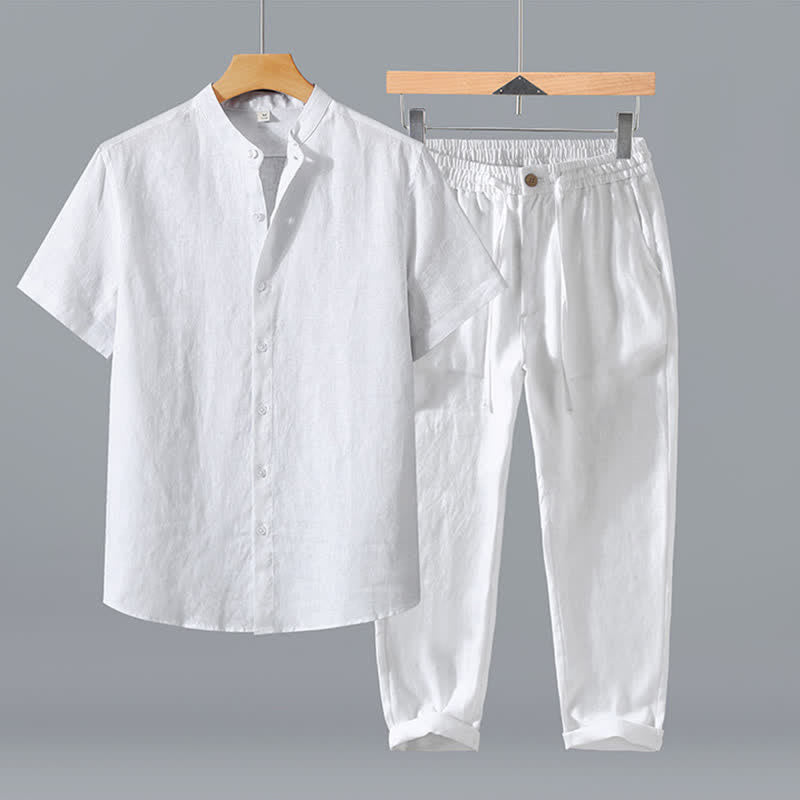 Buddha Stones 2Pcs Summer Tang Style Meditation Mandarin Collar Button-Up Solid Linen Short Sleeve Shirt Pants Men's Meditation Cloth With Pocket - White Shirt+Pants - US/UK/AU42，EU52 (3XL) - image 19