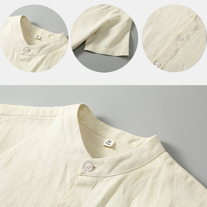 Buddha Stones 2Pcs Summer Tang Style Meditation Mandarin Collar Button-Up Solid Linen Short Sleeve Shirt Pants Men's Meditation Cloth With Pocket - image 11