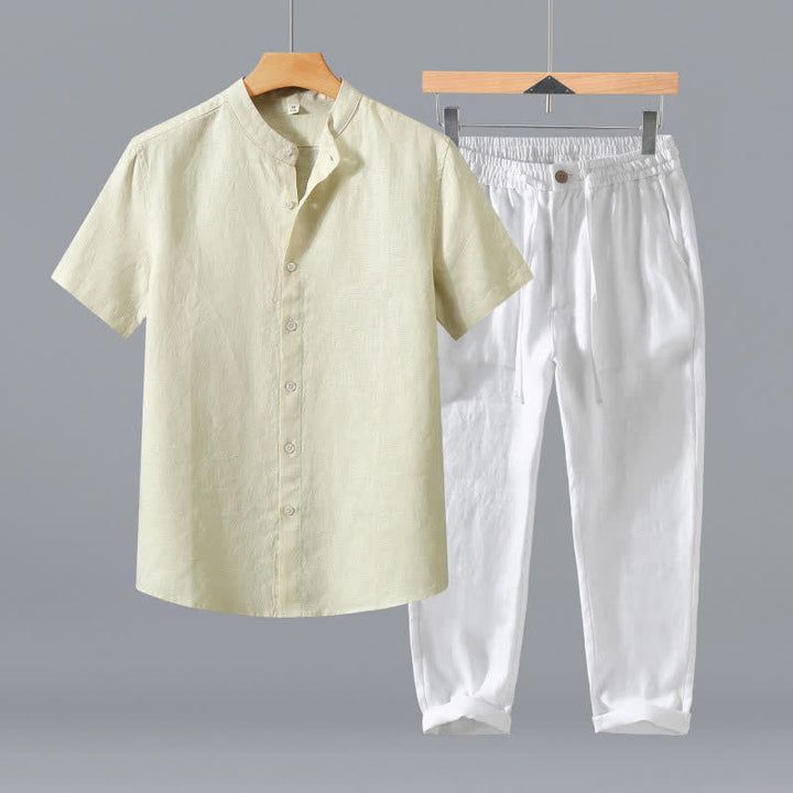 Buddha Stones 2Pcs Summer Tang Style Meditation Mandarin Collar Button-Up Solid Linen Short Sleeve Shirt Pants Men's Meditation Cloth With Pocket - Beige Shirt+White Pants - US/UK/AU42，EU52 (3XL) - image 17