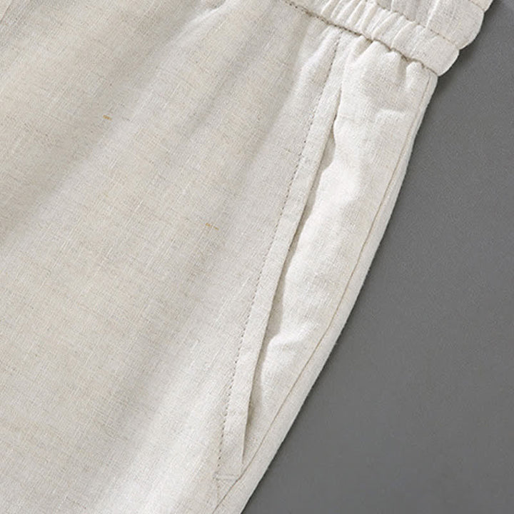 Buddha Stones 2Pcs Summer Mandarin Collar Button-Up Solid Linen Short Sleeve Shirt Shorts Men's Meditation Cloth With Pocket - image 5