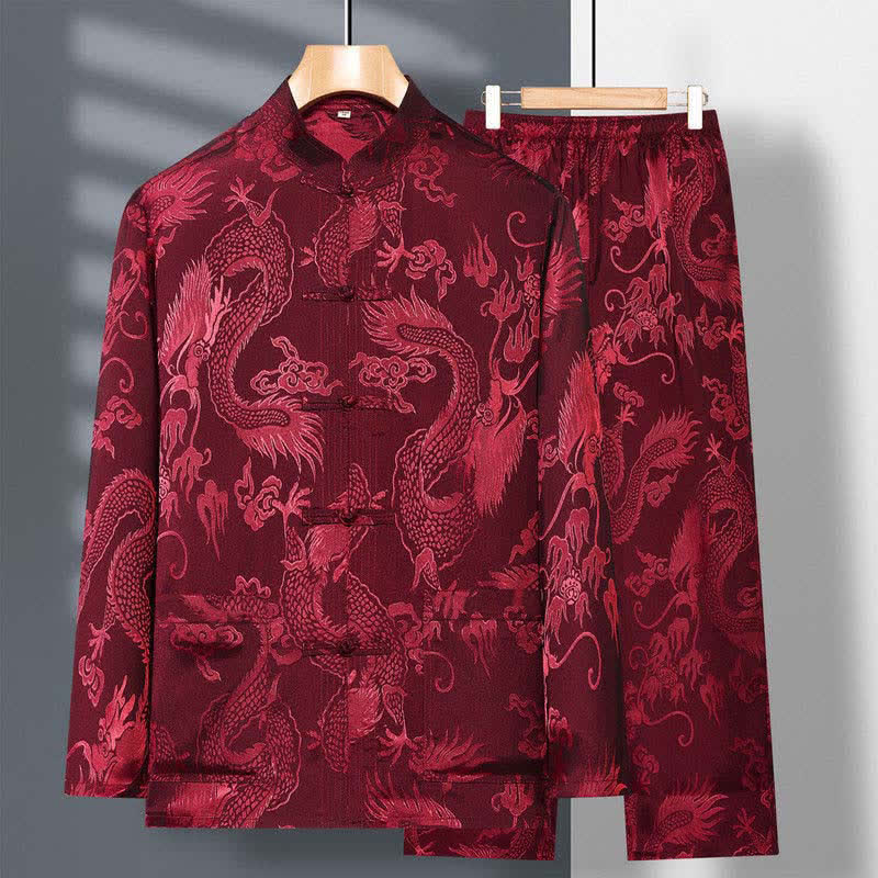 Buddha Stones 2Pcs Tang Suit Dragon Frog-Button Men's Long Sleeve Shirt Pants Clothing Set - FireBrick - US/UK/AU42，EU52 (3XL) - image 4