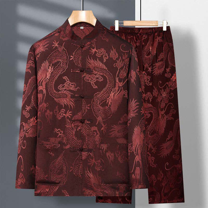 Buddha Stones 2Pcs Tang Suit Dragon Frog-Button Men's Long Sleeve Shirt Pants Clothing Set - Brown - US/UK/AU42，EU52 (3XL) - image 14
