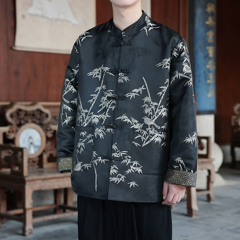 Buddha Stones Fall Winter Tang Style Vintage Mandarin Collar Crane Print Men's Jackets With Pocket - Bamboo Birds - US/UK/AU46，EU56 (5XL) - image 9