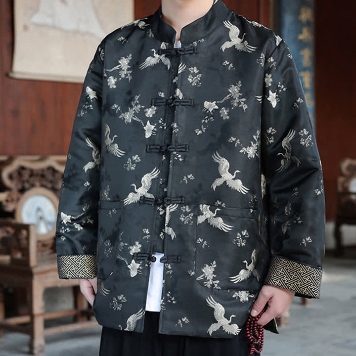 Buddha Stones Fall Winter Tang Style Vintage Mandarin Collar Crane Print Men's Jackets With Pocket - Red-crowned Cranes - US/UK/AU46，EU56 (5XL) - image 0