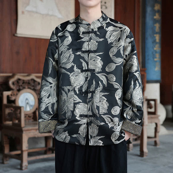 Buddha Stones Fall Winter Tang Style Vintage Mandarin Collar Crane Print Men's Jackets With Pocket - Flowers - US/UK/AU46，EU56 (5XL) - image 19