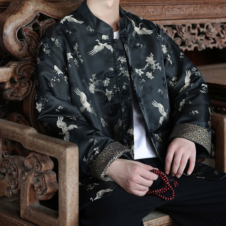 Buddha Stones Fall Winter Tang Style Vintage Mandarin Collar Crane Print Men's Jackets With Pocket - image 8