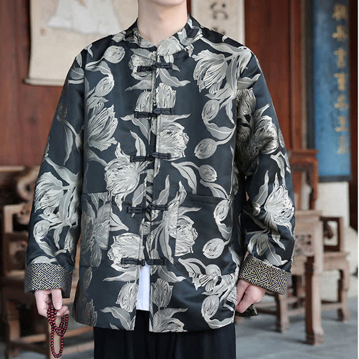 Buddha Stones Fall Winter Tang Style Vintage Mandarin Collar Crane Print Men's Jackets With Pocket - image 22