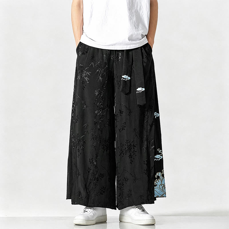 Buddha Stones Spring Summer Tang Style Drawstring Embroidery Abstract Cropped Pants Men's Wide Leg Pants With Pocket - image 1