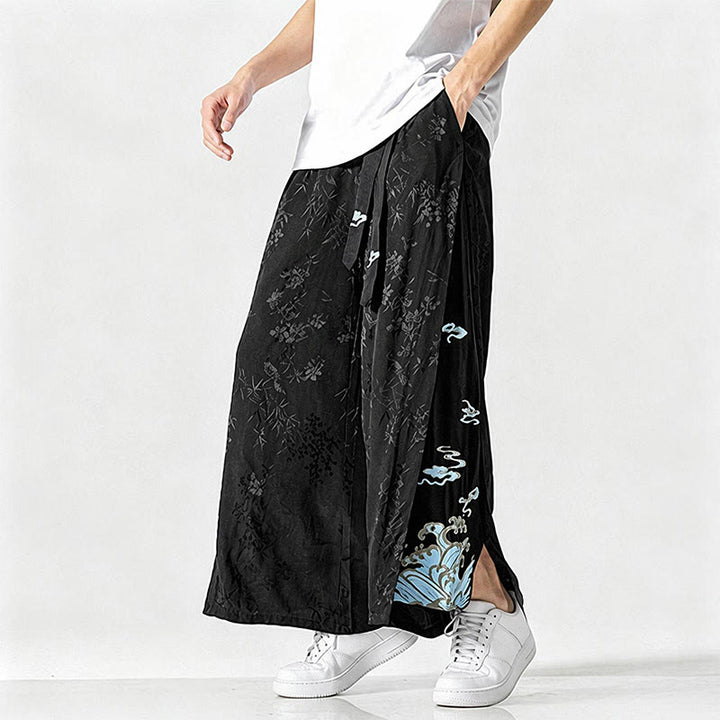 Buddha Stones Spring Summer Tang Style Drawstring Embroidery Abstract Cropped Pants Men's Wide Leg Pants With Pocket - image 6