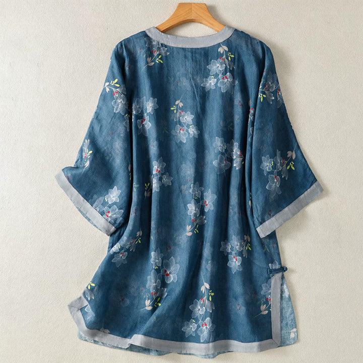 Buddha Stones Spring Summer Tang Style Vintage Frog Button Floral Cotton Linen Women's Elbow-Length Sleeve Shirts - image 1