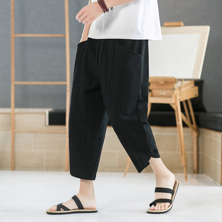 Buddha Stones Summer Men's Solid Color 7-8 Length Drawstring Pants With Pockets - Black - US/UK/AU44，EU54 (5XL) - image 6