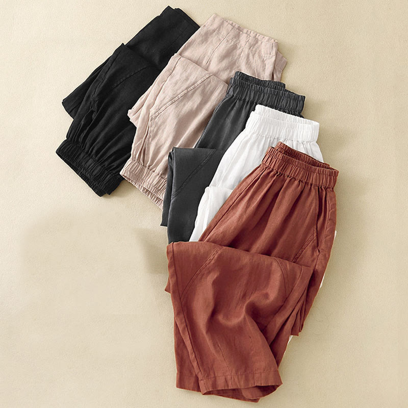 Buddha Stones Casual Plain Cropped Pants Women's Linen Harem Pants With Pockets - image 30