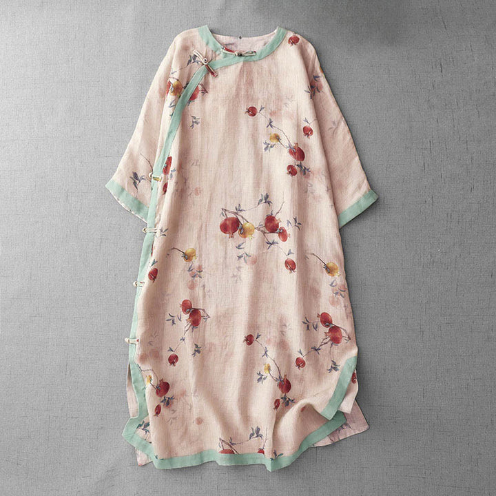 Buddha Stones Frog-Button Orchid Pomegranate Flowers Pattern Side Slit Design Half Sleeve Midi Dress - PeachPuff - US12，UK/AU16，EU44 (2XL) - image 1