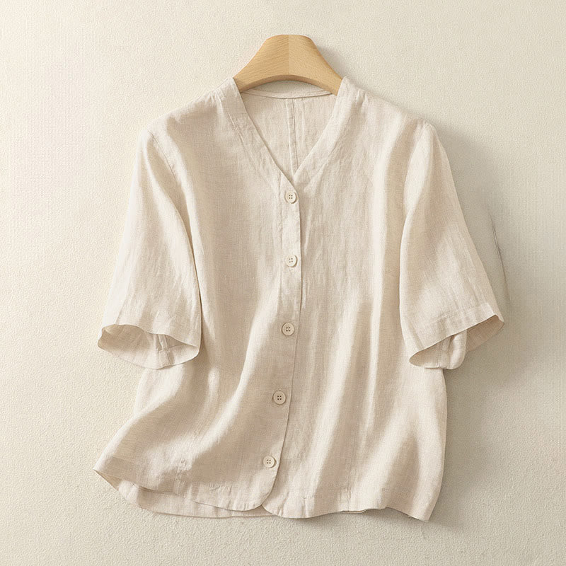 Buddha Stones Summer Solid Color V-Neck Buttons Simple Design Women's Short Sleeve Shirt - PapayaWhip - US8-10，UK/AU12-14，EU40-42 (2XL) - image 4