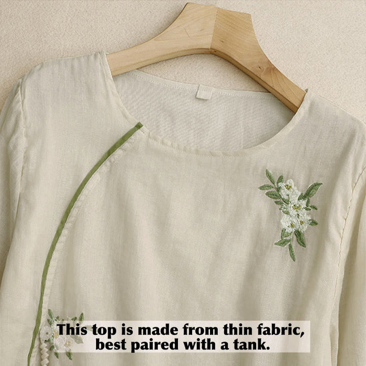 Buddha Stones Beige Floral Green Leaf Embroidery Crew Neck Three Quarter Sleeve Women's Shirt - image 2