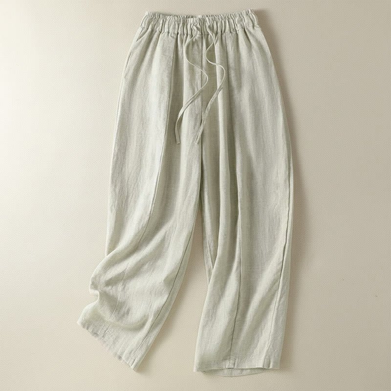 Buddha Stones Summer Casual Drawstring Solid Linen Ankle Pants Women's Wide Leg Pants With Pocket - Linen - US8-10, UK/AU12-14, EU40-42 (2XL) - image 7