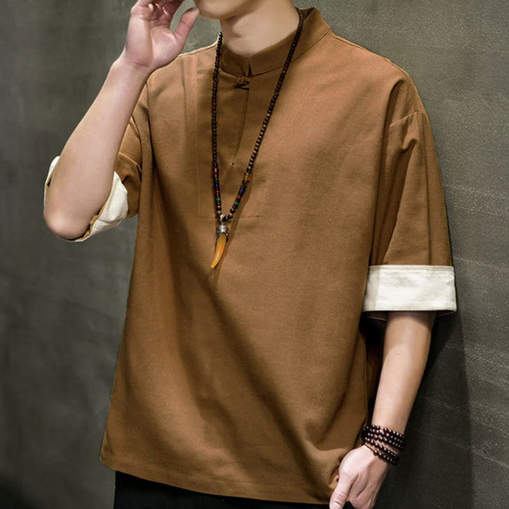 Buddha Stones Summer Tang Style Mandarin Collar Solid Men's Short Sleeve Shirts - image 13