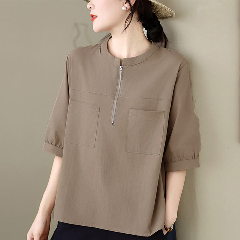 Buddha Stones Summer Minimalist Casual Quarter Zip Design Solid Women's Short Sleeve Shirts With Patch Pocket - image 4