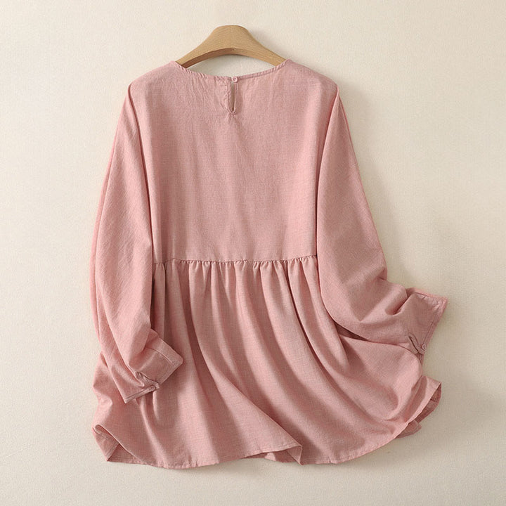 Buddha Stones Summer Casual Minimalist Solid Crew Neck Women's Long Sleeve Shirts - image 1