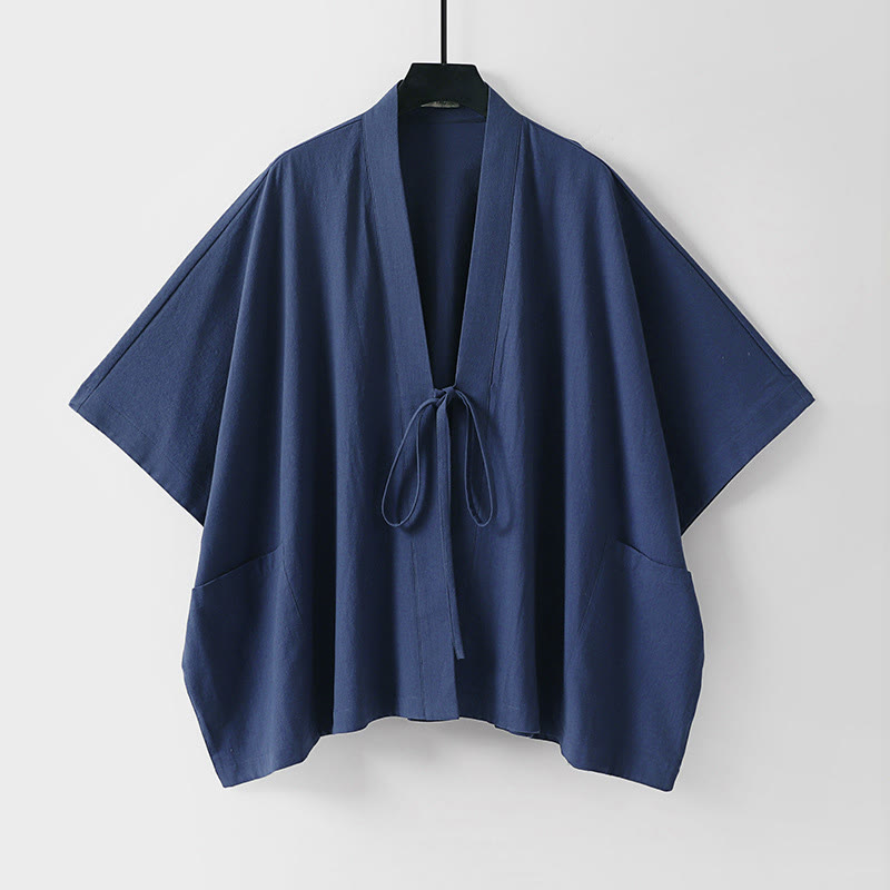Buddha Stones Summer Minimalist Drawstring Lace-up Solid Short Sleeve Men's Kimono With Pockets - DarkSlateBlue - US/UK/AU40, EU50 (L) - image 4