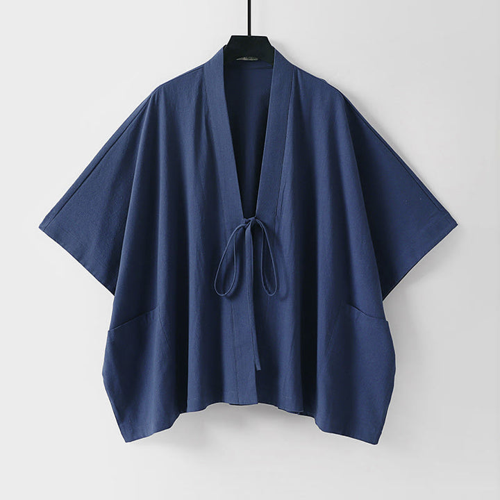 Buddha Stones Summer Minimalist Drawstring Lace-up Solid Short Sleeve Men's Kimono With Pockets - DarkSlateBlue - US/UK/AU40, EU50 (L) - image 4