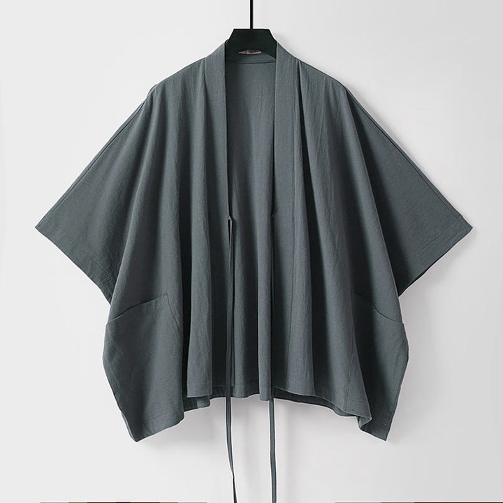 Buddha Stones Summer Minimalist Drawstring Lace-up Solid Short Sleeve Men's Kimono With Pockets - image 1