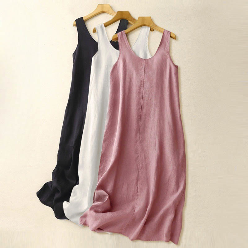 Buddha Stones Summer Daily Casual Pure Color Crew Neck Simple Design Sleeveless Midi Dress With Pockets - image 16