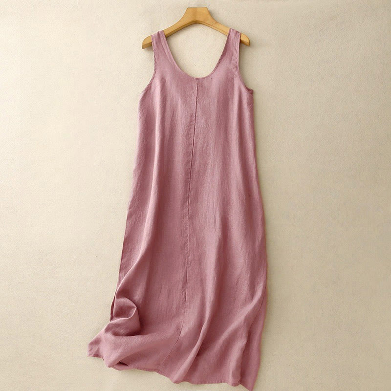 Buddha Stones Summer Daily Casual Pure Color Crew Neck Simple Design Sleeveless Midi Dress With Pockets - PaleVioletRed - US12，UK/AU16，EU44 (2XL) - image 0