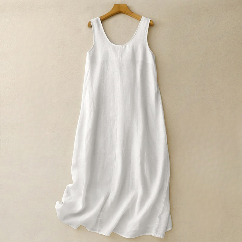 Buddha Stones Summer Daily Casual Pure Color Crew Neck Simple Design Sleeveless Midi Dress With Pockets - FloralWhite - US12，UK/AU16，EU44 (2XL) - image 7