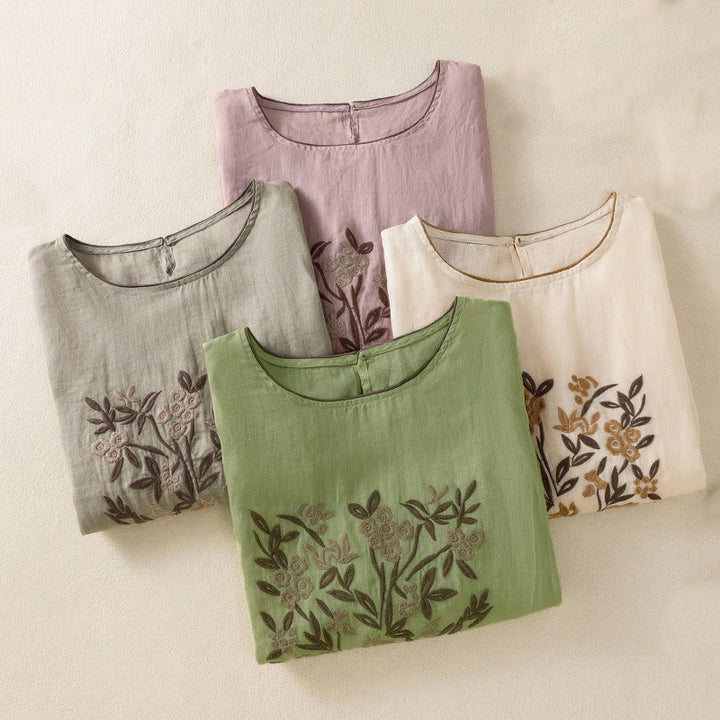 Buddha Stones Retro Embroidery Floral Three Quarter Sleeve Women's Cotton T-Shirt - image 32