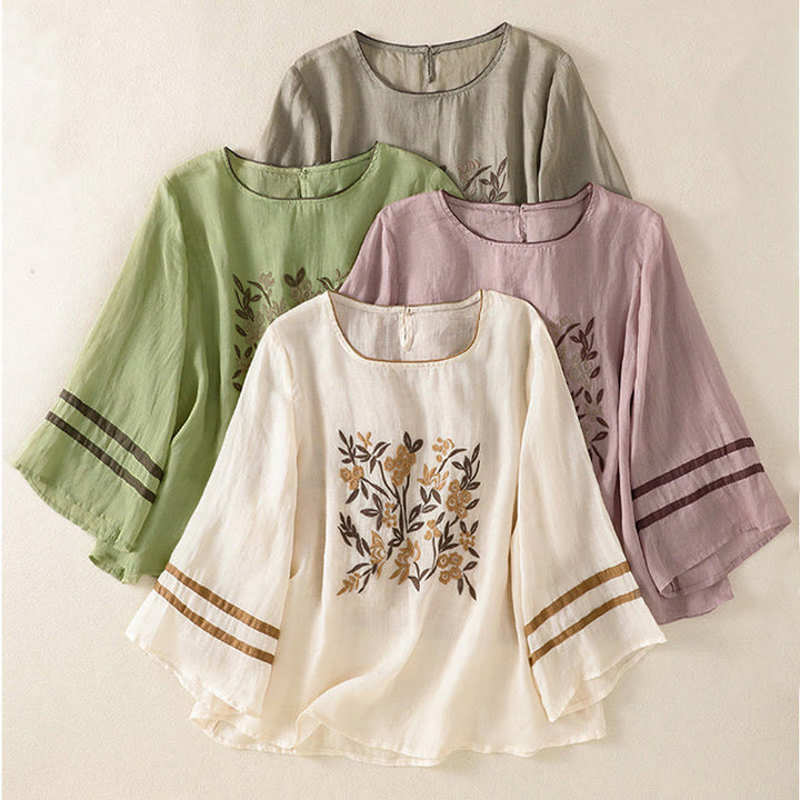 Buddha Stones Retro Embroidery Floral Three Quarter Sleeve Women's Cotton T-Shirt - image 31