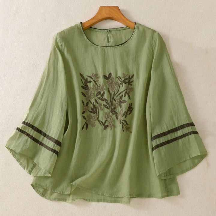 Buddha Stones Retro Embroidery Floral Three Quarter Sleeve Women's Cotton T-Shirt - LightGreen - US14，UK/AU18，EU46 (2XL) - image 16
