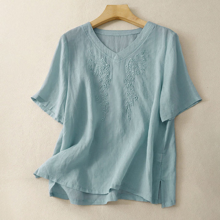 Buddha Stones Casual Women's Embroidered Flower V-neck Design Loose Half Sleeve Shirt - LightBlue - US8-10，UK/AU12-14，EU40-42 (2XL) - image 21