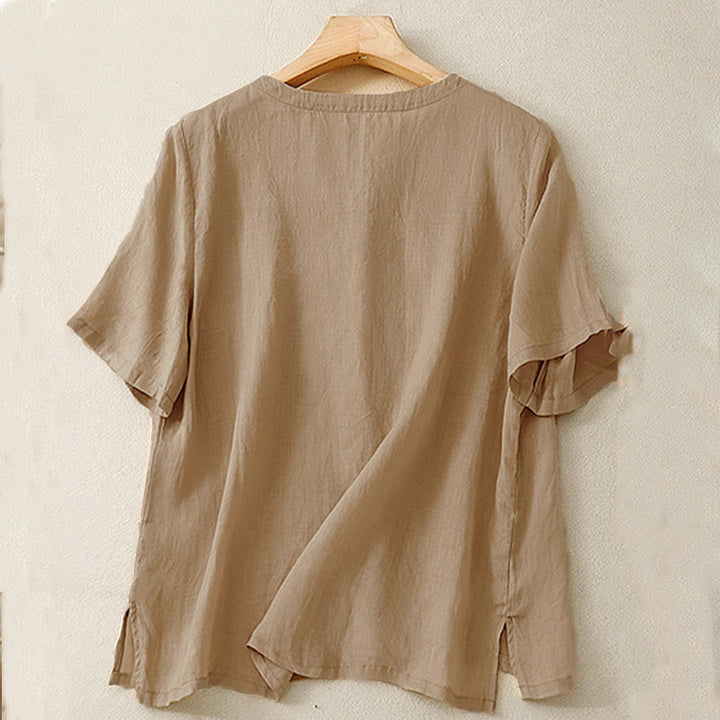 Buddha Stones Casual Women's Embroidered Flower V-neck Design Loose Half Sleeve Shirt - image 13