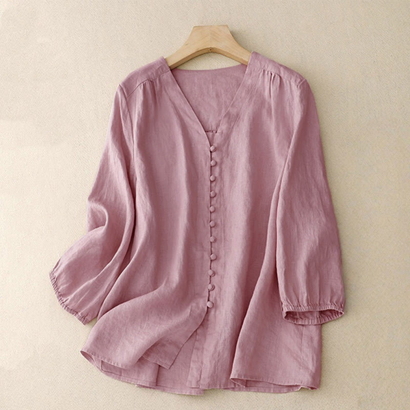 Buddha Stones V-Neck Design Women's Long Sleeve Shirt - Pink - US8-10，UK/AU12-14，EU40-42 (2XL) - image 0