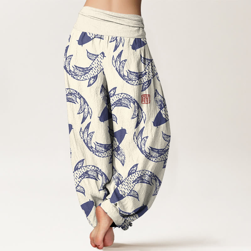 Buddha Stones Pure Cotton Swimming Koi Fish Women's Elastic Waist Harem Pants - image 6