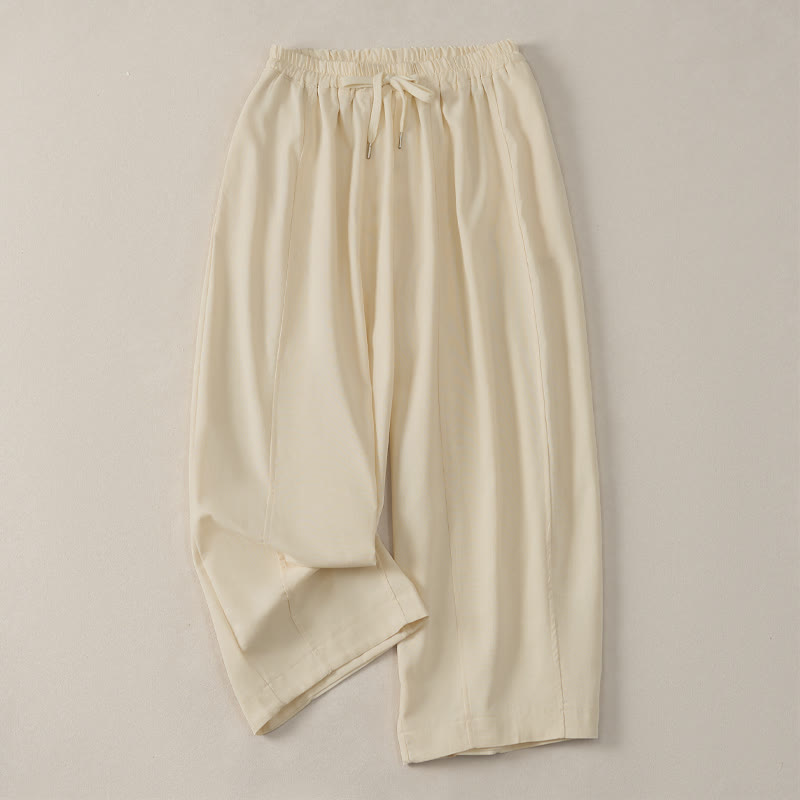 Buddha Stones Summer Casual Simple Drawstring Solid Cotton Linen Cropped Pants Women's Harem Pants With Pocket - Beige - US8-10, UK/AU12-14, EU40-42 (2XL) - image 0