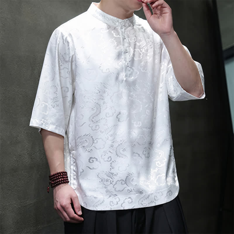 Buddha Stones Summer Vintage Tang Style Mandarin Collar Dragon Clouds Pattern Men's Short Sleeve Shirts - image 11